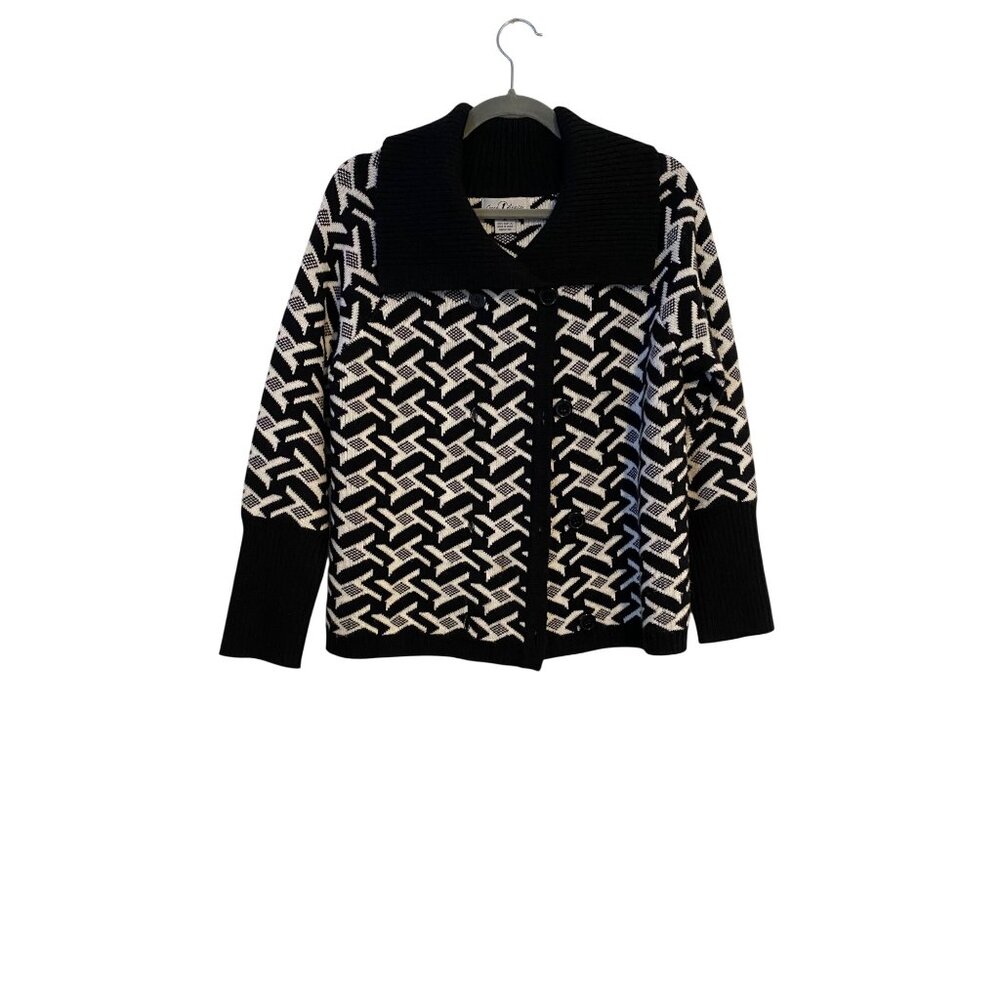 Once Again Cardigan Women’s M Black White Geometric Sweater Button Up Boho Chic